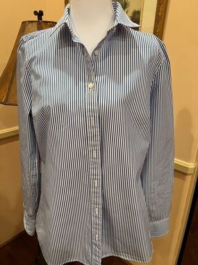 J. Crew Navy and White Vertical Stripe Cotton Button-Down Shirt